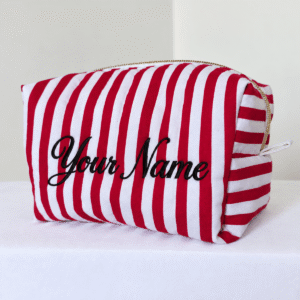 Handmade Quilted Makeup Bag with Embroidered Name – Red & White Stripe